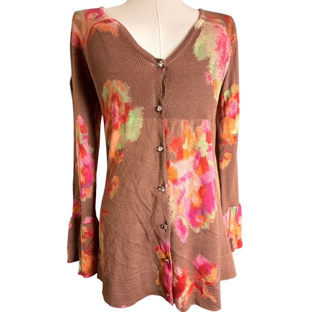 Charlotte Tarantola Silk Cotton Floral Boho Bell Sleeve Cardigan Sweater Sz XL